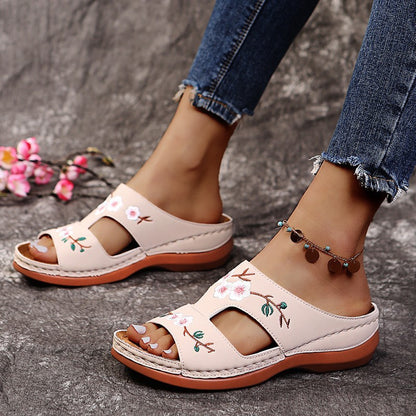 Women'S Plus Size Flower Open-Toe T-Shaped Wedge Sandals And Slippers