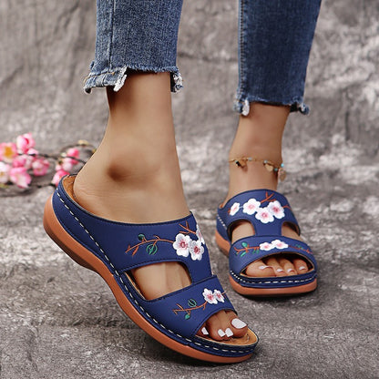 Women'S Plus Size Flower Open-Toe T-Shaped Wedge Sandals And Slippers