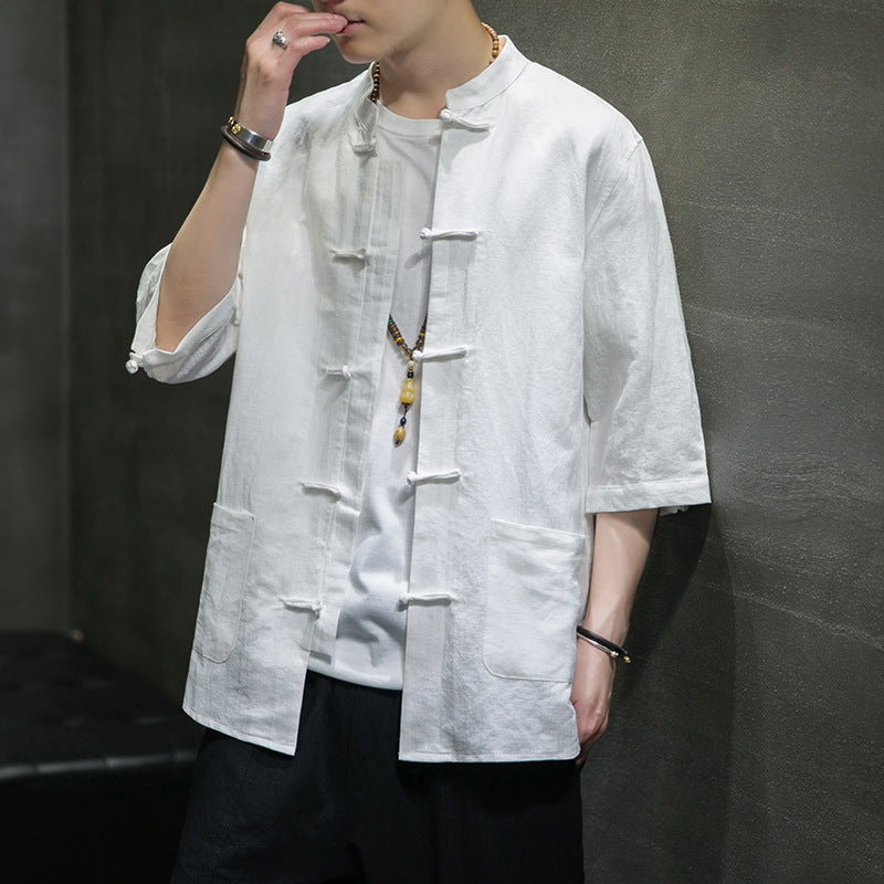 Chinese Style Men's Linen Shirt Chinese Tang Suit Cotton And Linen Men's Three-Quarter Sleeve Shirt Summer Retro Stand Collar Top