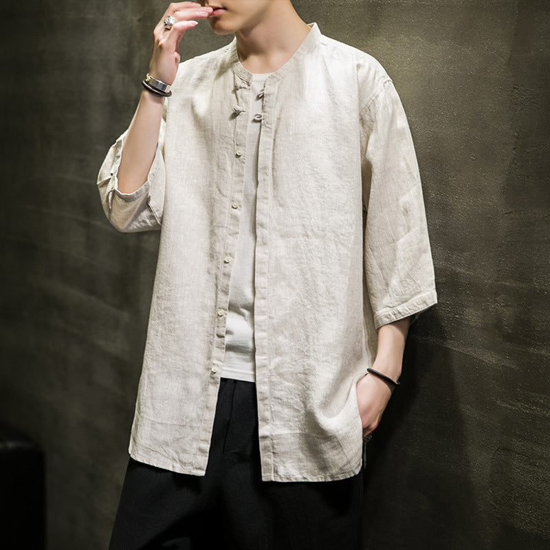 Chinese Style Men's Linen Shirt Chinese Tang Suit Cotton And Linen Men's Three-Quarter Sleeve Shirt Summer Retro Stand Collar Top