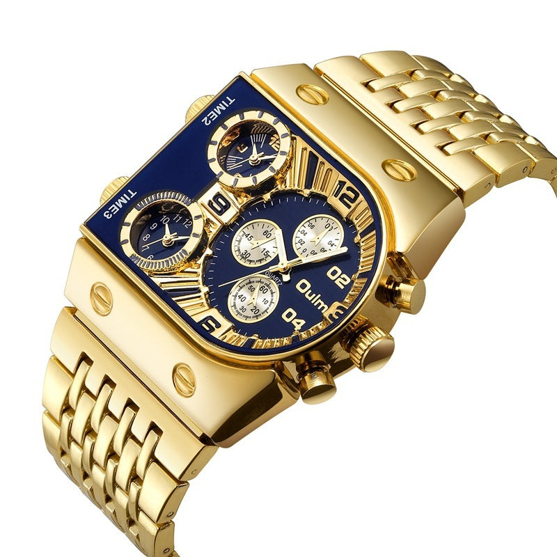 Oulei New Men's Quartz Watch Fashion Watch D-shaped Large Dial Steel Belt Multi-time Zone Luminous