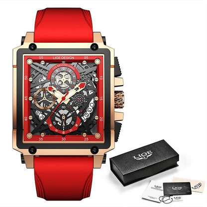 LIGE Men's Watch Square Multifunction Chronograph