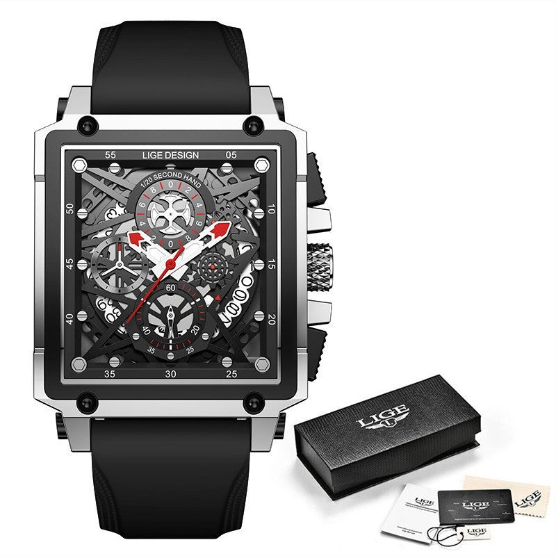 LIGE Men's Watch Square Multifunction Chronograph