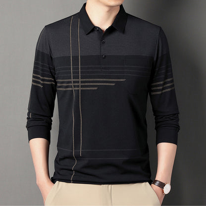 Men's Long Sleeve Striped Lapel T-shirt