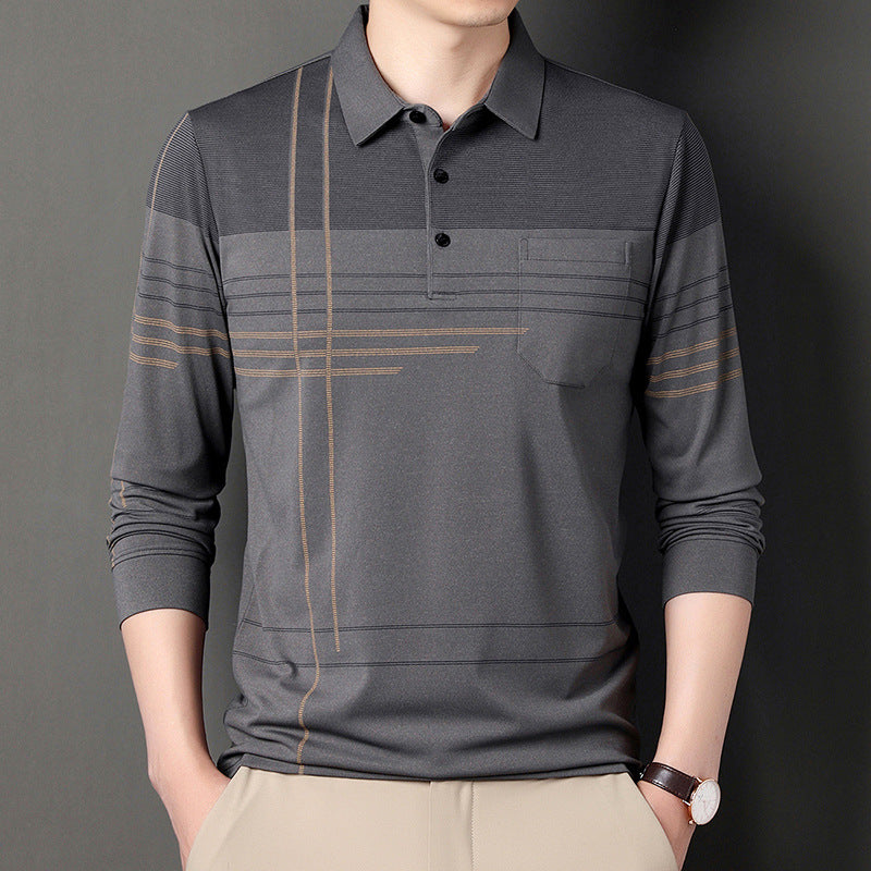 Men's Long Sleeve Striped Lapel T-shirt