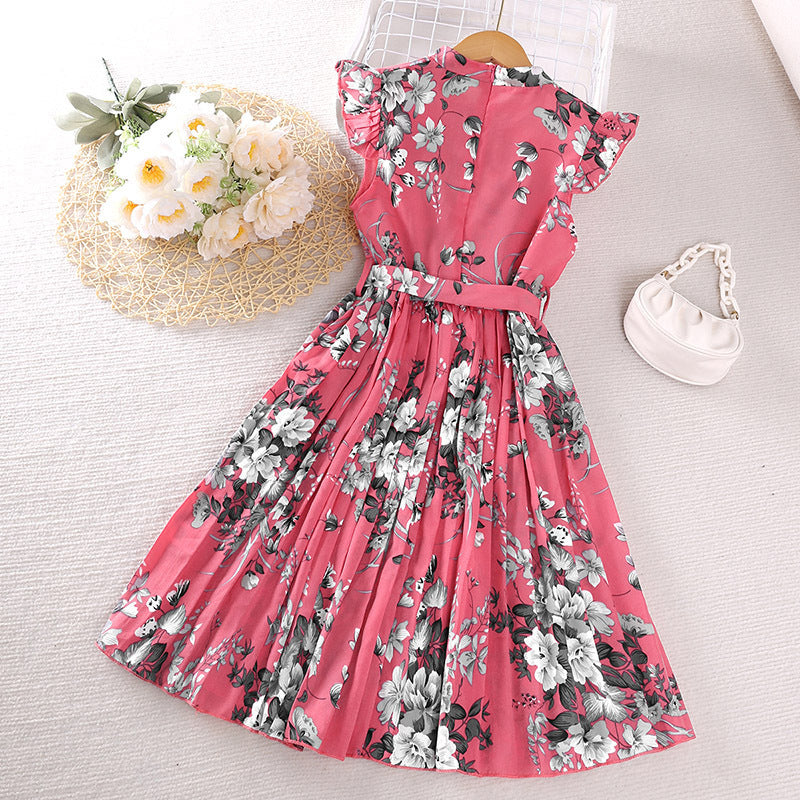 Girls Dress Summer Flounced Sleeve Printing Pleated Princess Dress