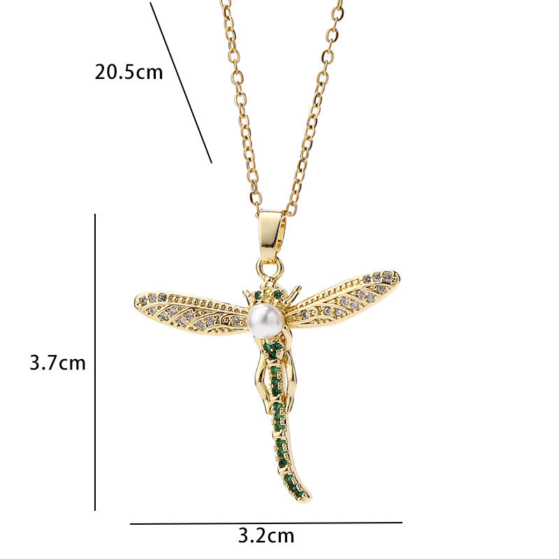 European And American Fashion Normcore Style Colorful Pearl Zircon Dragonfly Necklace