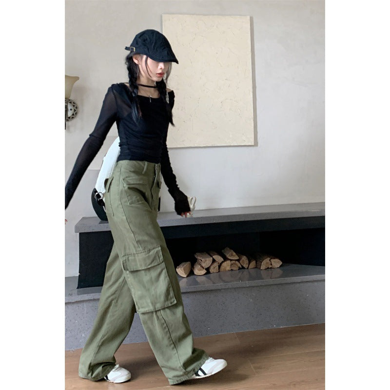 Retro Three-dimensional Pocket Army Green Straight Cargo Pants