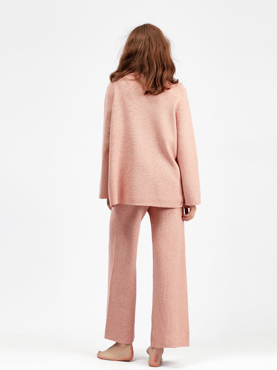 Niche Stand Collar Slit Knitted Turtleneck Sweater Wide Leg Pants Two-piece Set