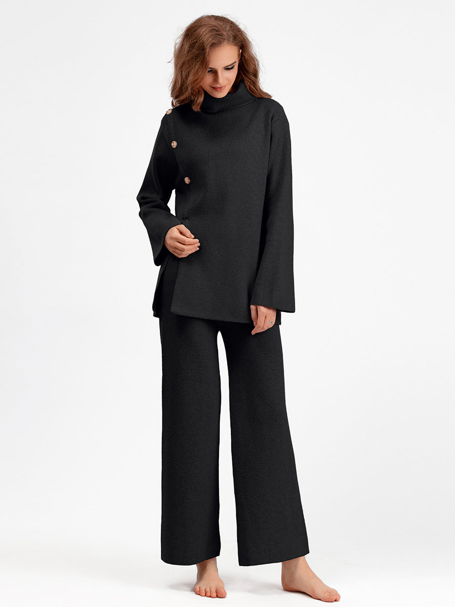 Niche Stand Collar Slit Knitted Turtleneck Sweater Wide Leg Pants Two-piece Set