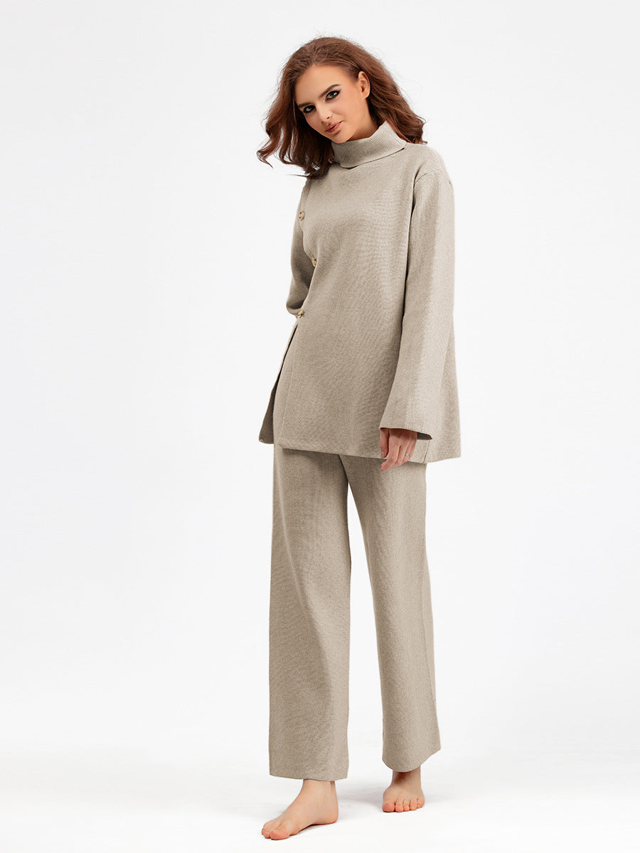 Niche Stand Collar Slit Knitted Turtleneck Sweater Wide Leg Pants Two-piece Set