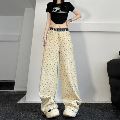 Vintage Floral High Waist Loose And Slimming Wide Leg Straight Jeans