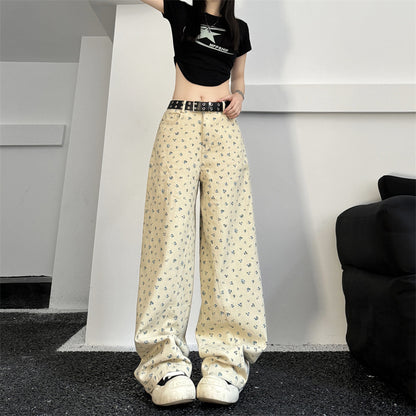 Vintage Floral High Waist Loose And Slimming Wide Leg Straight Jeans