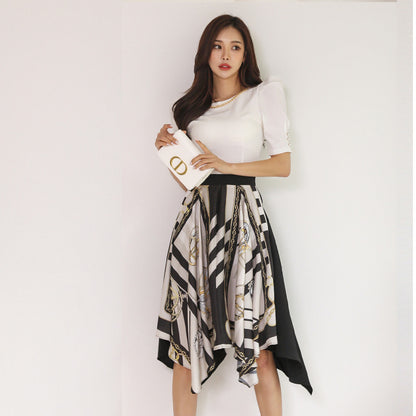 Temperament Puff Sleeve Top Irregular Printed Skirt (( 2Piece Set ))