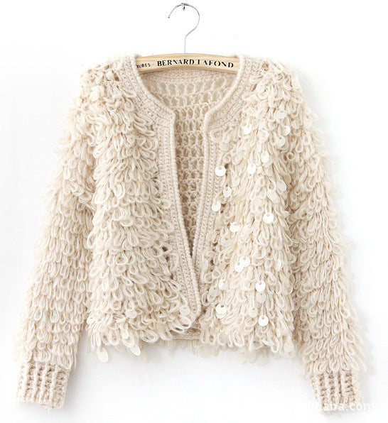 "Glimmering Chic: Sequin-Infused Mohair Short Cardigan"