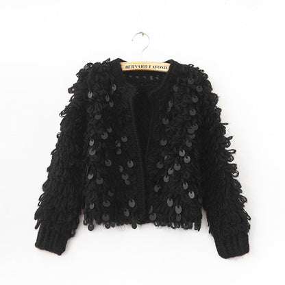 "Glimmering Chic: Sequin-Infused Mohair Short Cardigan"