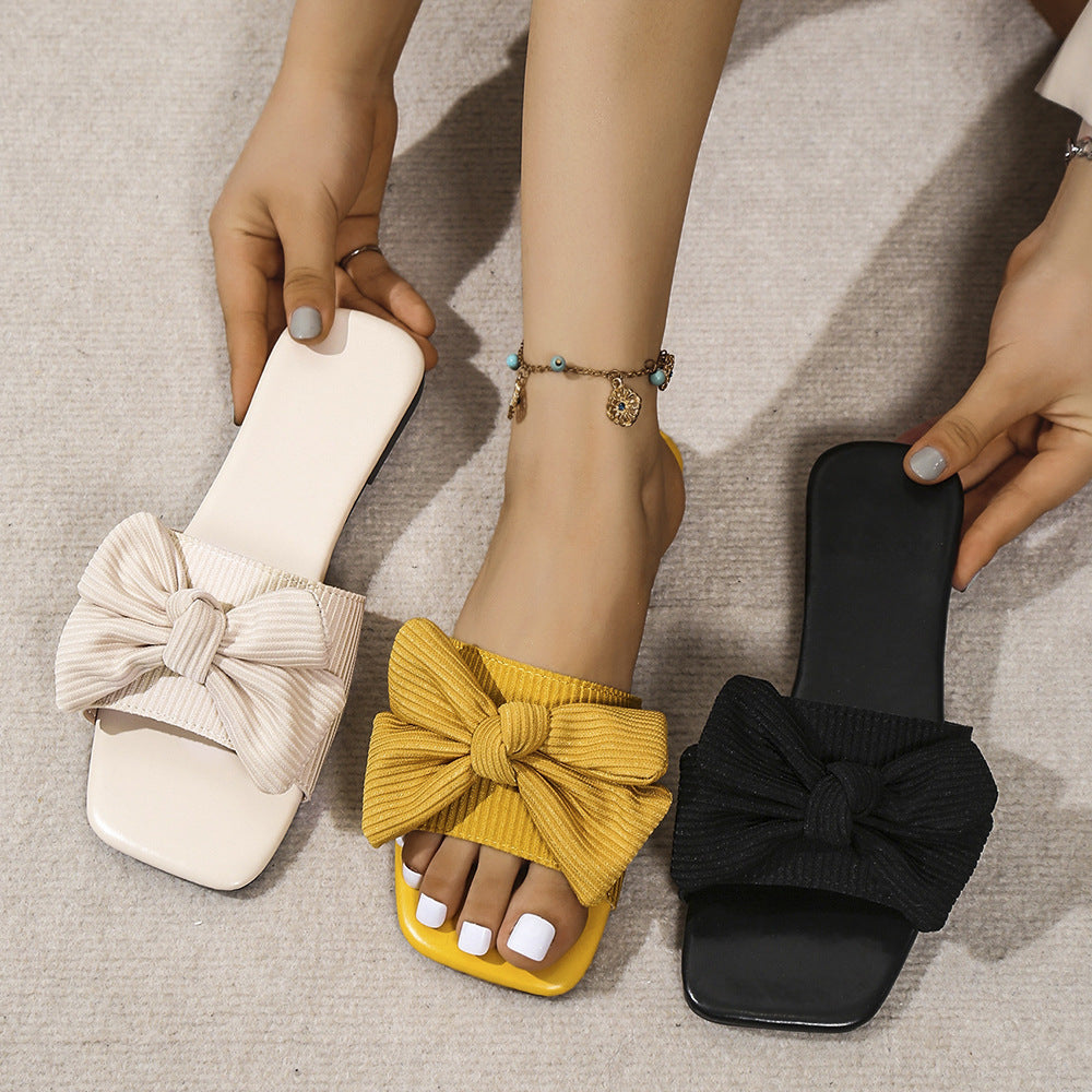 Bow-knot Slippers Outdoor Flat Beach Shoes Square Toe Sandals
