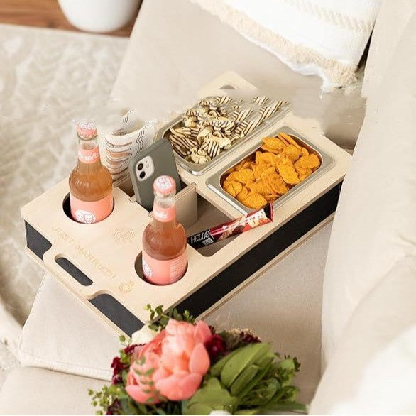 "Sofa Sidekick: Wooden Snack & Drink Organizer"