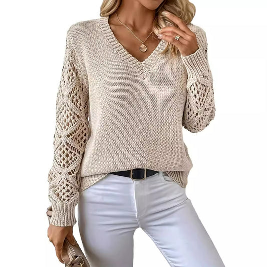 V-neck Hollow Sleeves Solid Color Sweater
