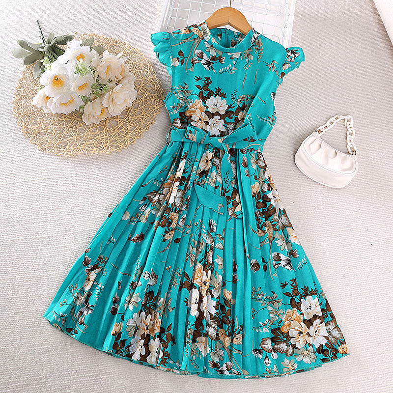 Girls Dress Summer Flounced Sleeve Printing Pleated Princess Dress