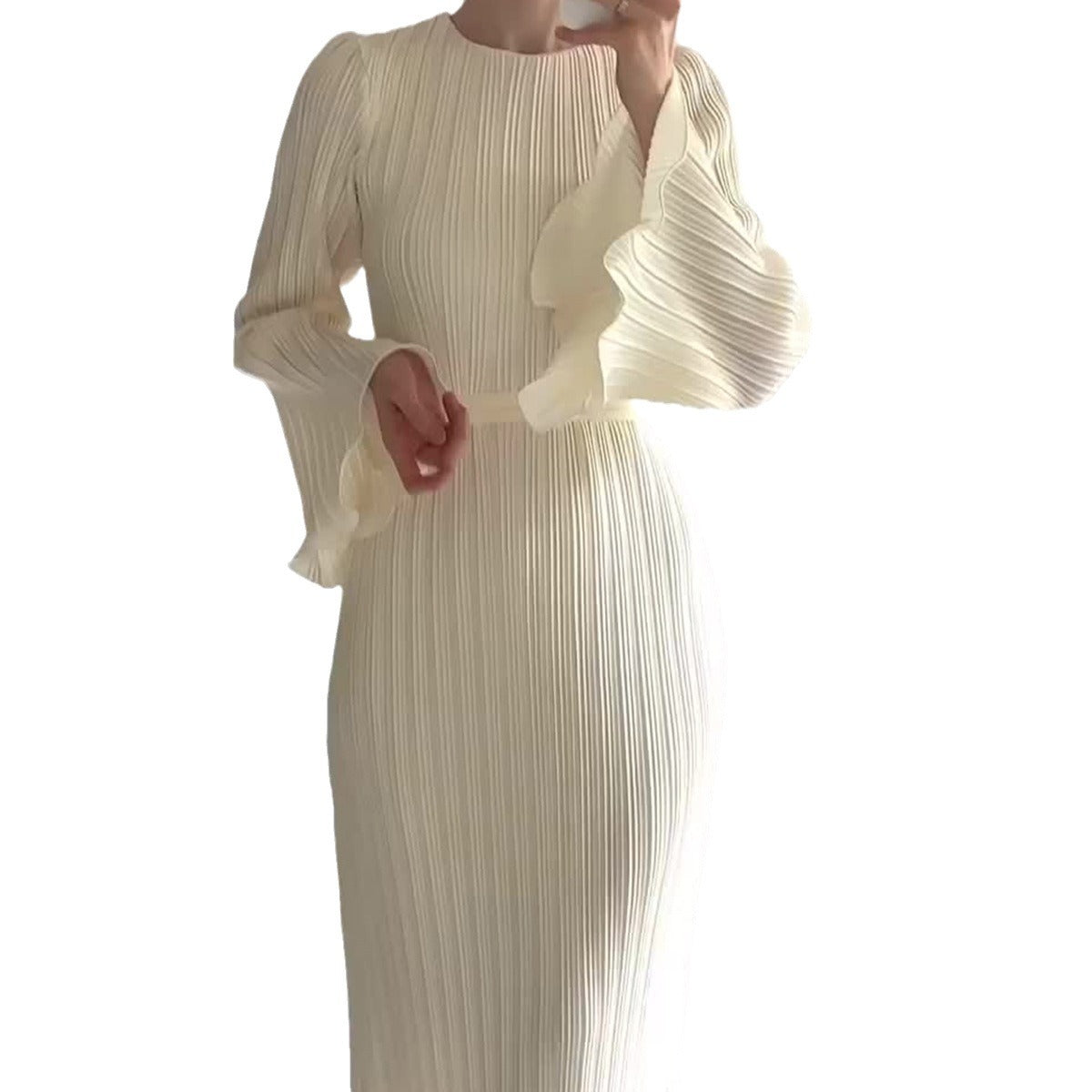 Elegant Pleated Bell Sleeve Mid-length Dress