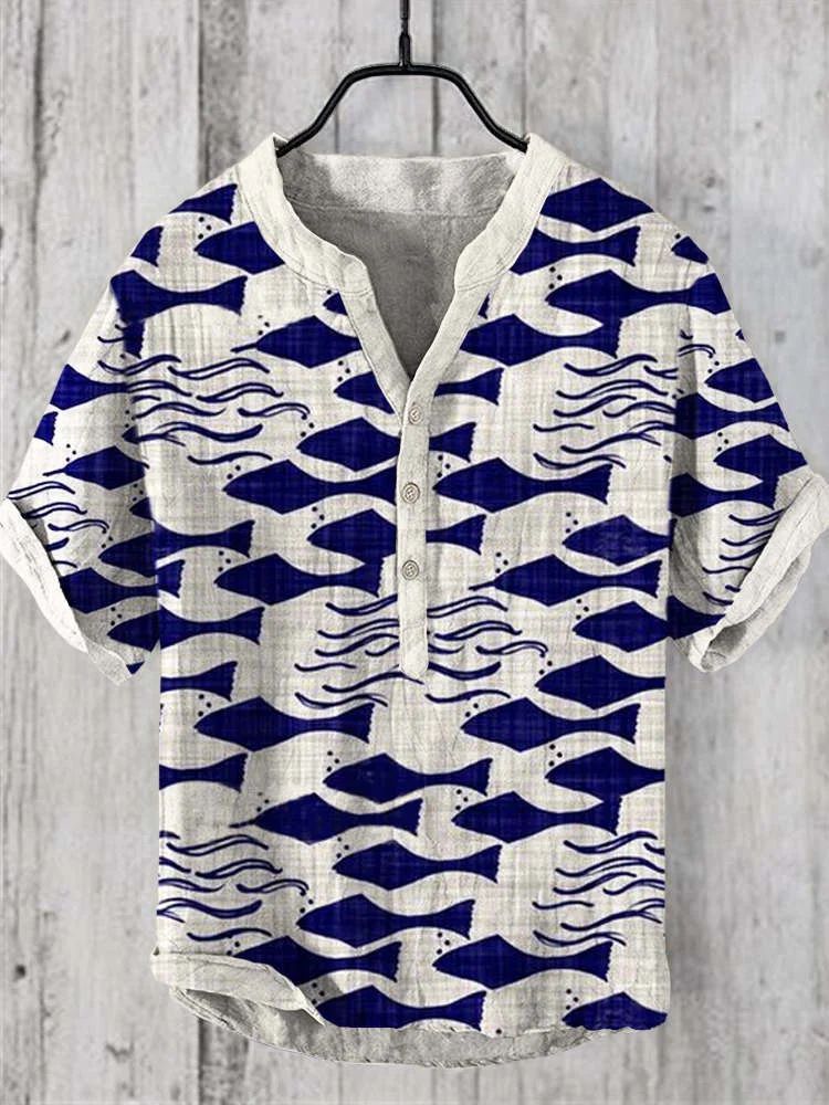 Retro Personalized Printed Casual Short-sleeved Linen Shirt Men's Loose Comfortable Shirt