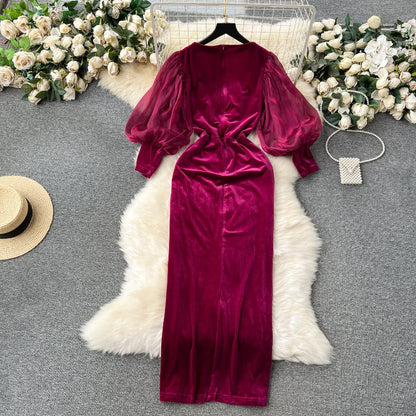 Vintage Velvet Dress High-end Affordable Luxury Niche Lantern Sleeve Slim Mid-length Split Knee-length Court Style Dress