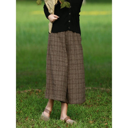 Women's Western Style Checkered Slim Fit Casual Cropped Wide Leg Pants