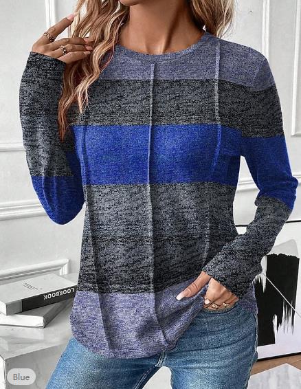 Round Neck Contrast Color Long Sleeve Casual And Comfortable T-shirt