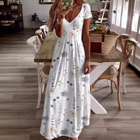 Casual Loose V-neck Printed Long Dress