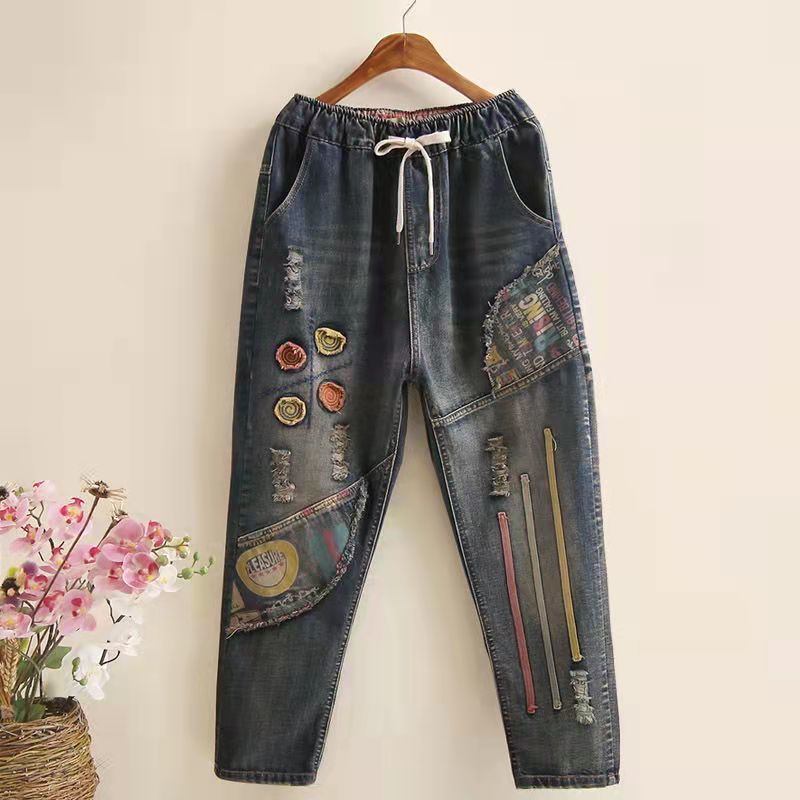 Ethnic Style Embroidered Retro Elastic Waist Jeans