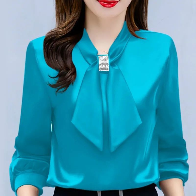 Satin V-Neck Business Temperament Shirt Long Sleeve Bow Solid Color Bow Diamond Top