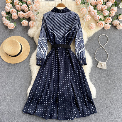 Niche Color-Blocking Striped Print Slim Mid-Length Retro Dress