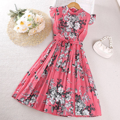 Girls Dress Summer Flounced Sleeve Printing Pleated Princess Dress