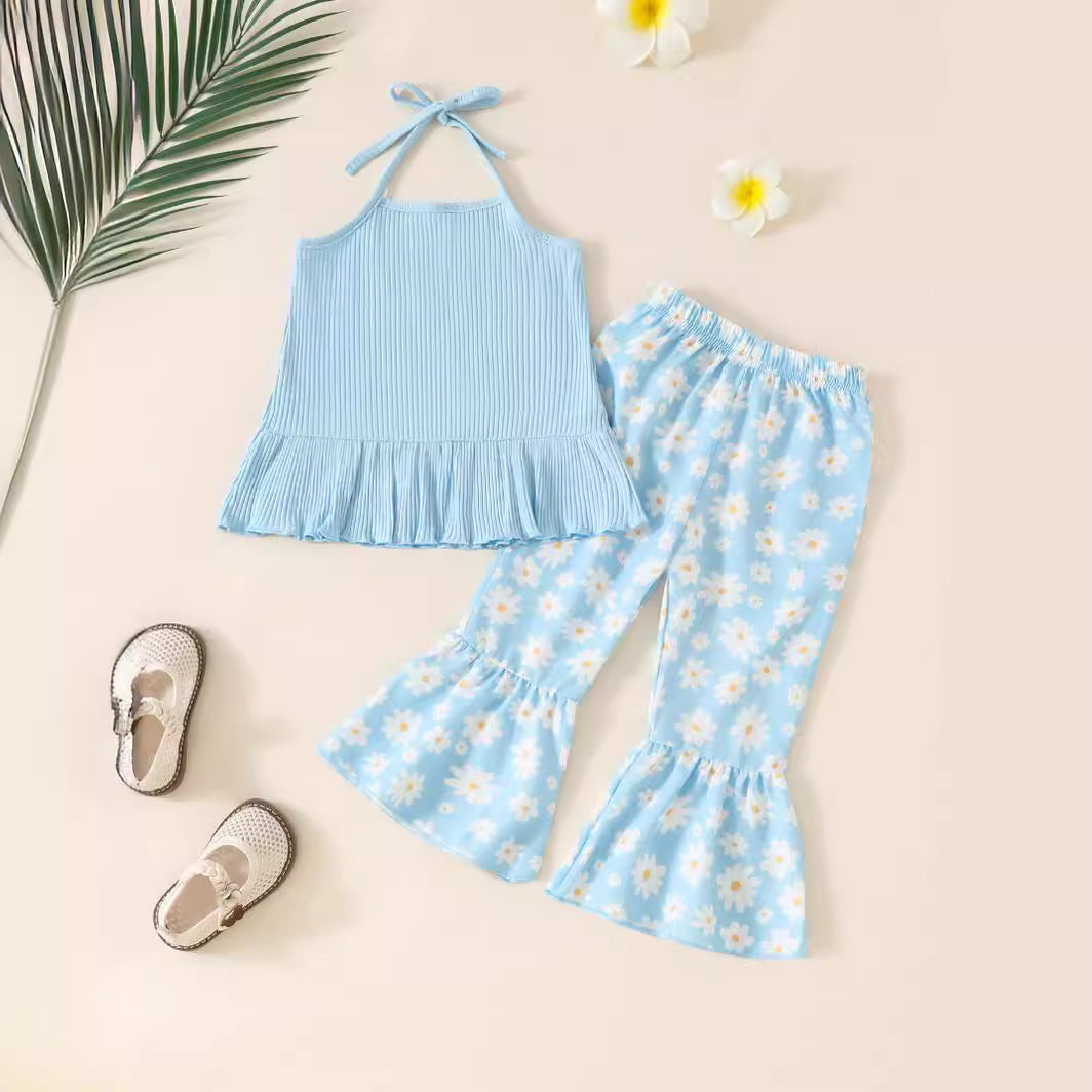 Girls' Sling Shirt Flower Printed Trousers Two-piece Set