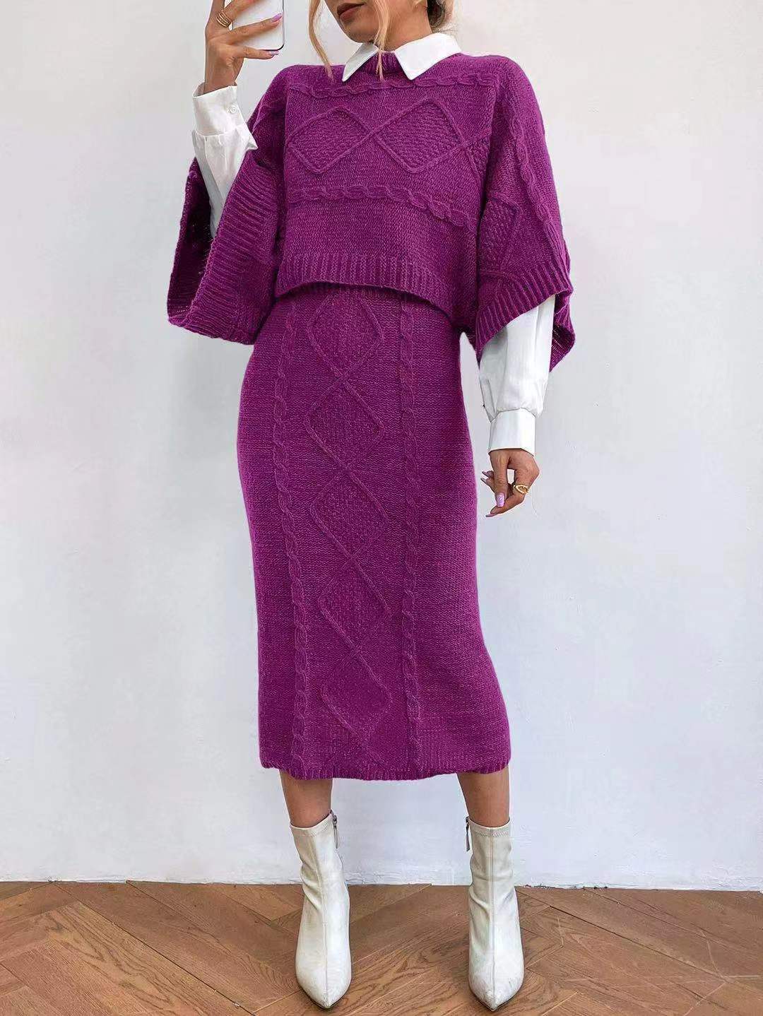 Women's Fashion Cable-knit Sweater Coat Wool Skirt