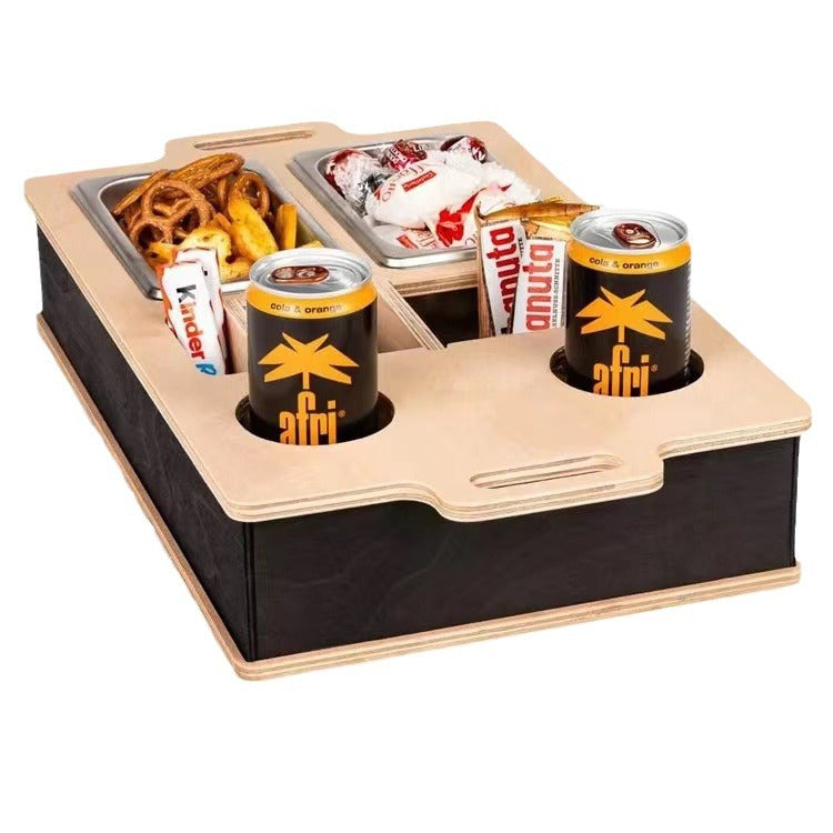 "Sofa Sidekick: Wooden Snack & Drink Organizer"