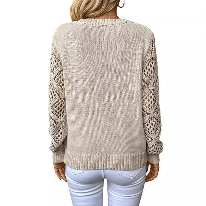 V-neck Hollow Sleeves Solid Color Sweater