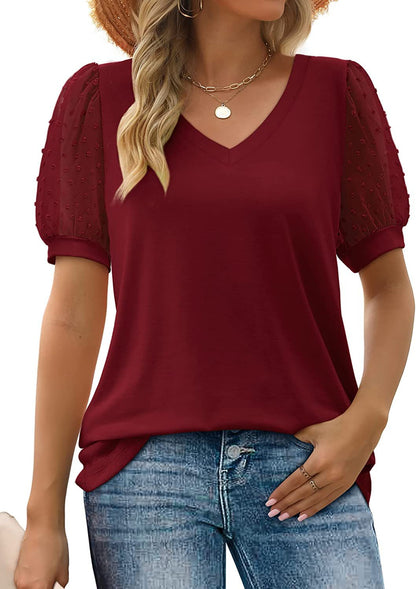 Womens Summer Tops V Neck T Shirts Dot Puff Sleeve Tops Loose Casual Tshirts