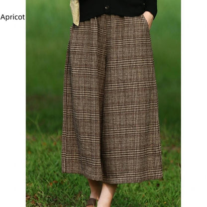 Women's Western Style Checkered Slim Fit Casual Cropped Wide Leg Pants