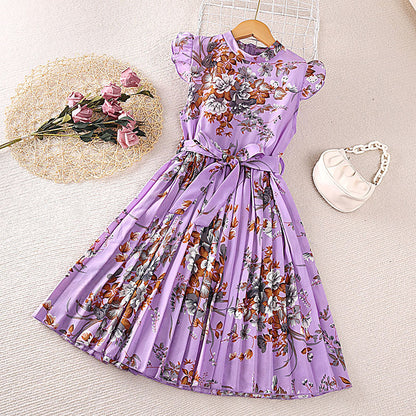 Girls Dress Summer Flounced Sleeve Printing Pleated Princess Dress
