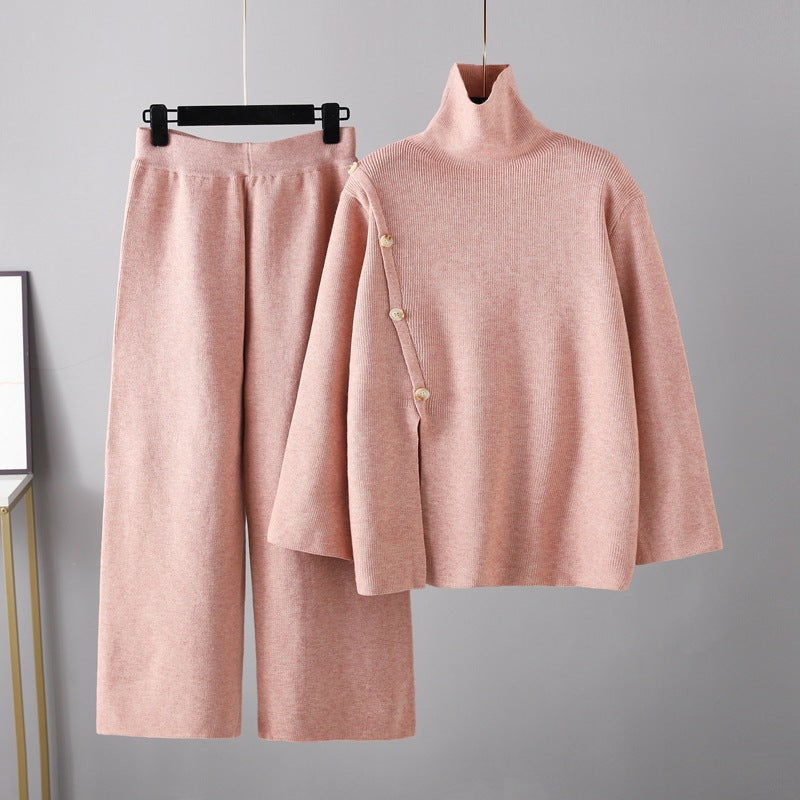 Niche Stand Collar Slit Knitted Turtleneck Sweater Wide Leg Pants Two-piece Set