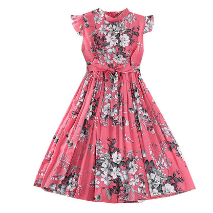 Girls Dress Summer Flounced Sleeve Printing Pleated Princess Dress