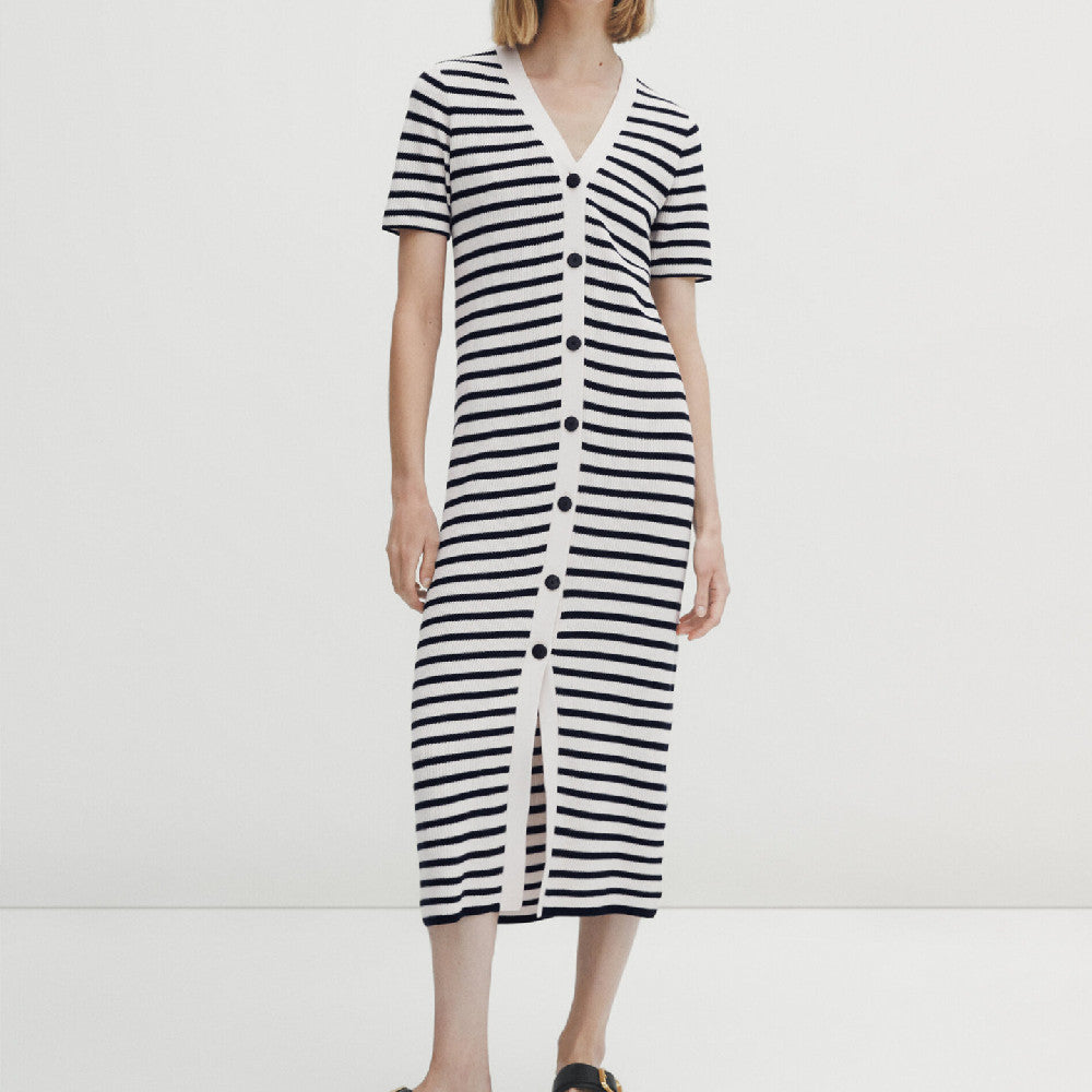 Striped Comfortable Button Decoration V-neck Mid-length Dress