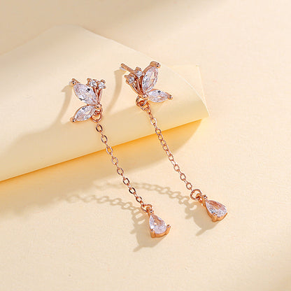 S925 Butterfly Zircon Tassel Earrings Women's Niche Exquisite Long Earrings Jewelry