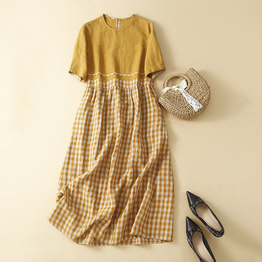 Women's Vintage Cotton And Linen High Waist Dress