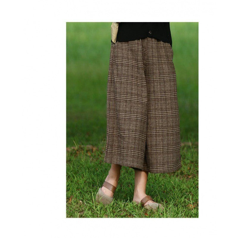 Women's Western Style Checkered Slim Fit Casual Cropped Wide Leg Pants