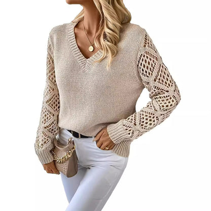 V-neck Hollow Sleeves Solid Color Sweater