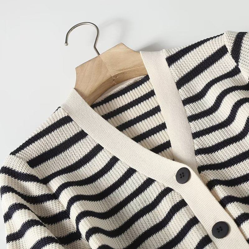 Striped Comfortable Button Decoration V-neck Mid-length Dress