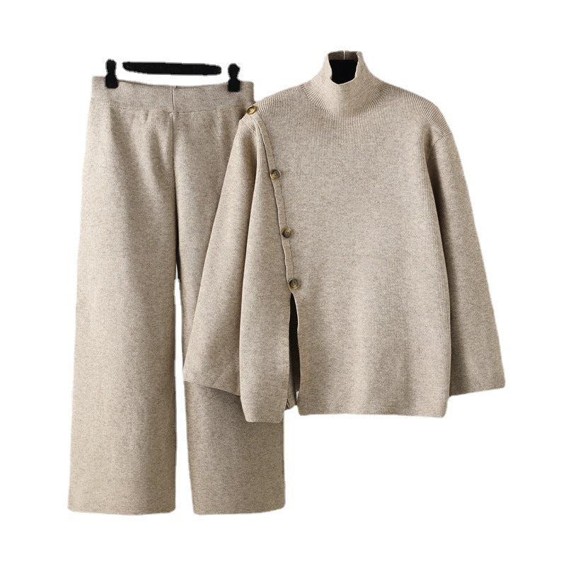 Niche Stand Collar Slit Knitted Turtleneck Sweater Wide Leg Pants Two-piece Set